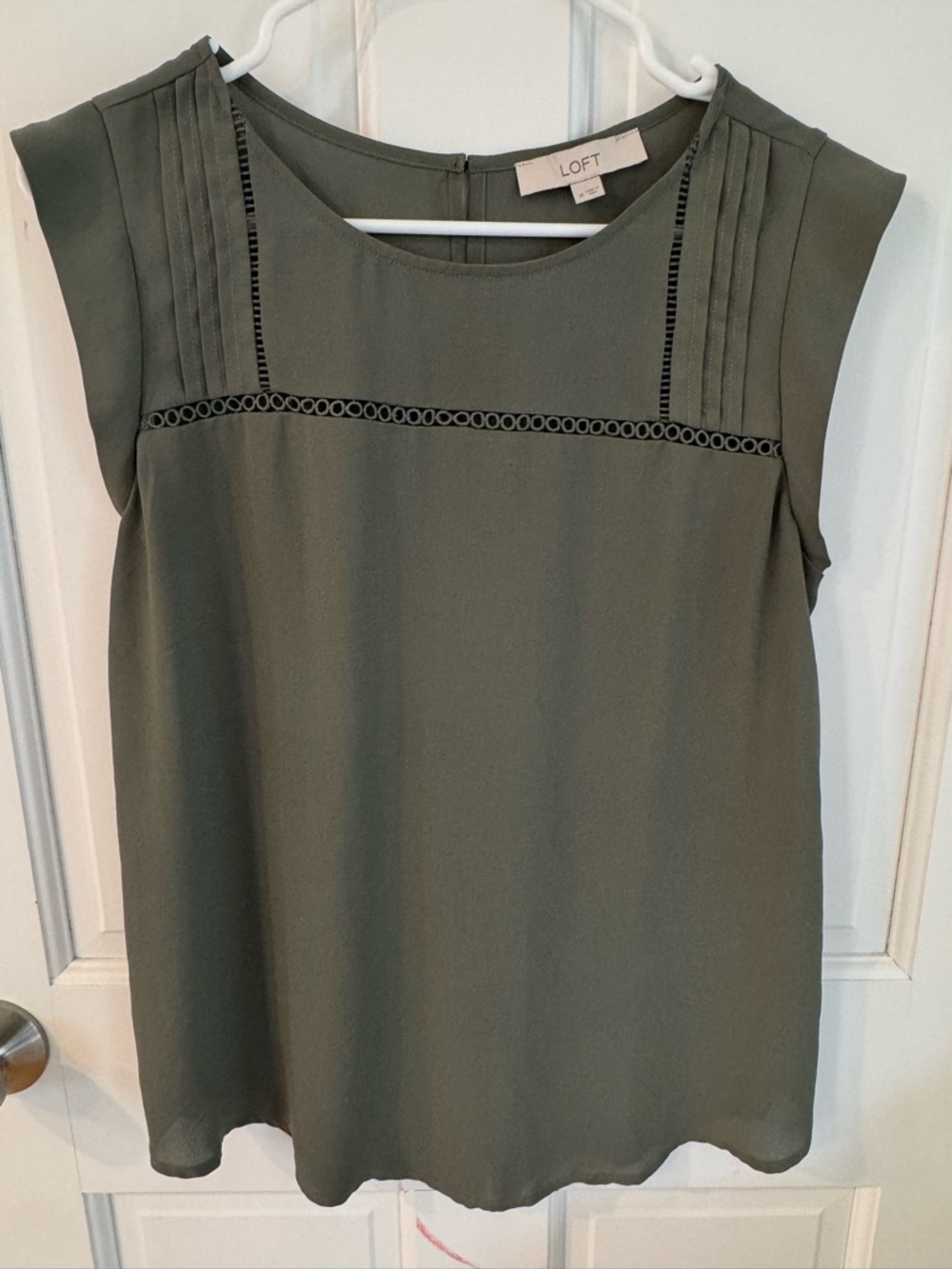 LOFT Sage Green Pintuck Eyelet Sleeveless Top
